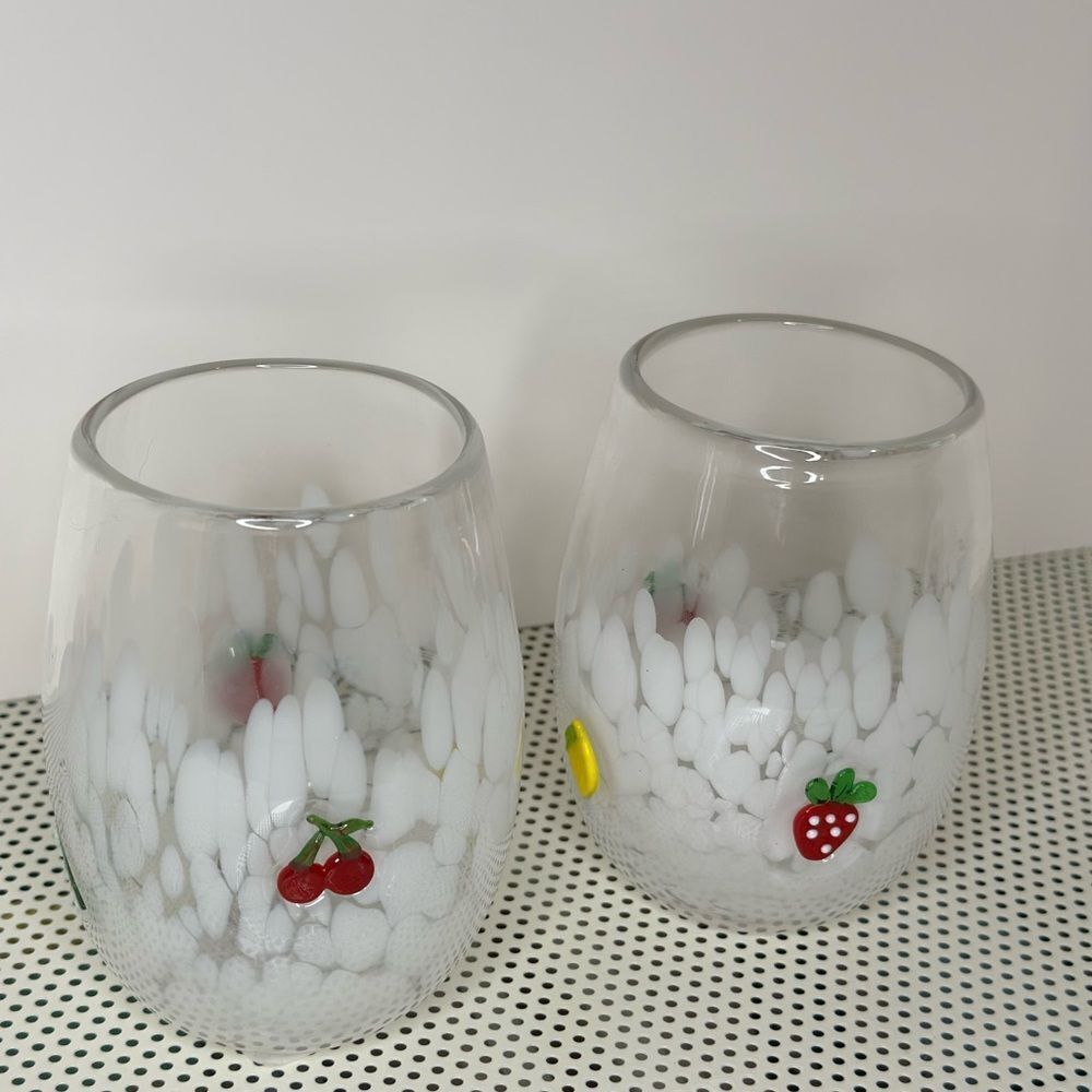 Aesthetic Fruit Glass Tumbler Set of 2 | White Bubble Glass Cups 🍓🍒🍋